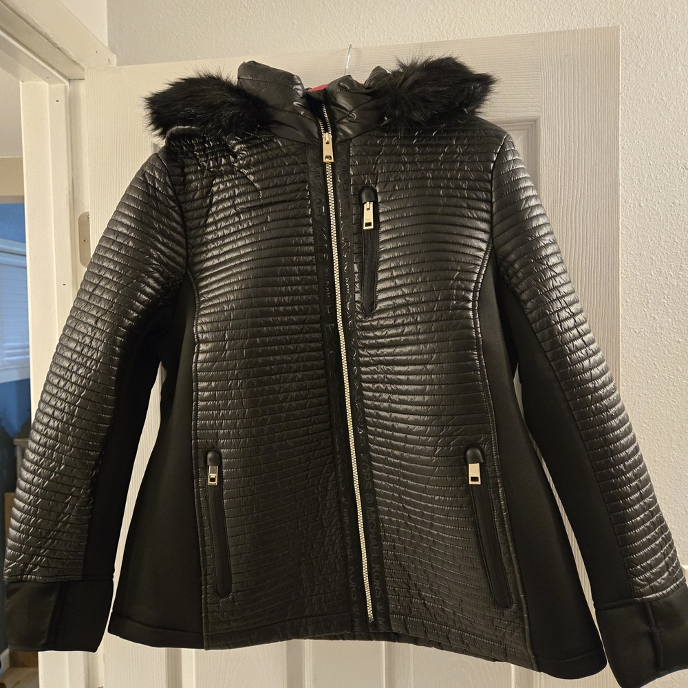 Michael Kors Black Puffer Jacket with Faux Fur, Gold Detail